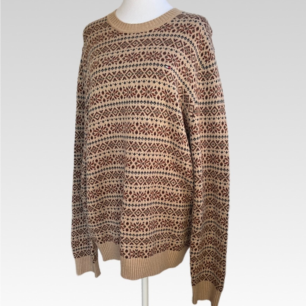 Tommy Hilfiger Beige and Brown Patterned Crewneck Sweater size XL